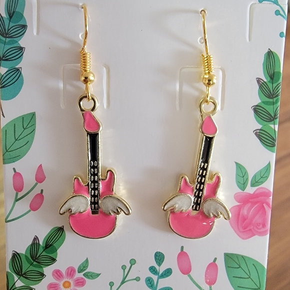 *2 for $13* Pink Electric Bass Guitar 🎸 Music Lover Gold-Tone Earrings - Picture 3 of 5
